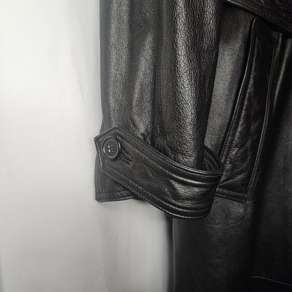 Vtg Baracuta Trench Coat Black Leather Collared Double Breasted Belt Lined Large - Picture 4 of 16